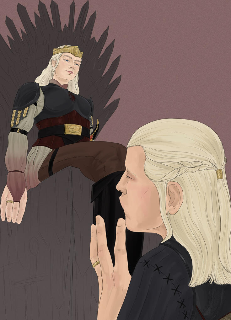 Rhaenyra in the iron throne and Daemon